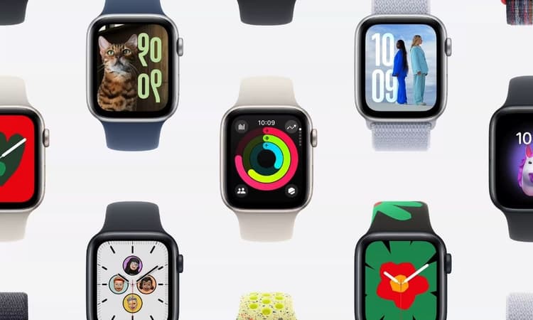 多款 Apple Watch 搭配不同錶帶和錶面設計展示,包括健康活動圈、動物照片、個人化錶面等,展現蘋果手錶的多樣風格與個性化功能。