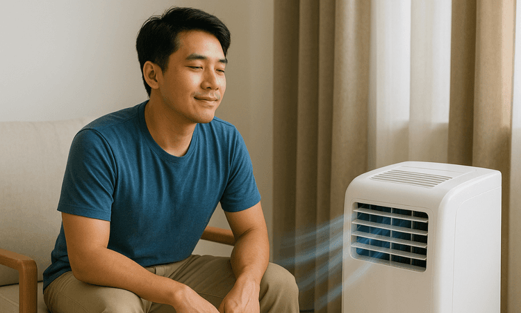 男子坐在沙發上,享受移動式冷氣帶來的涼爽冷風。