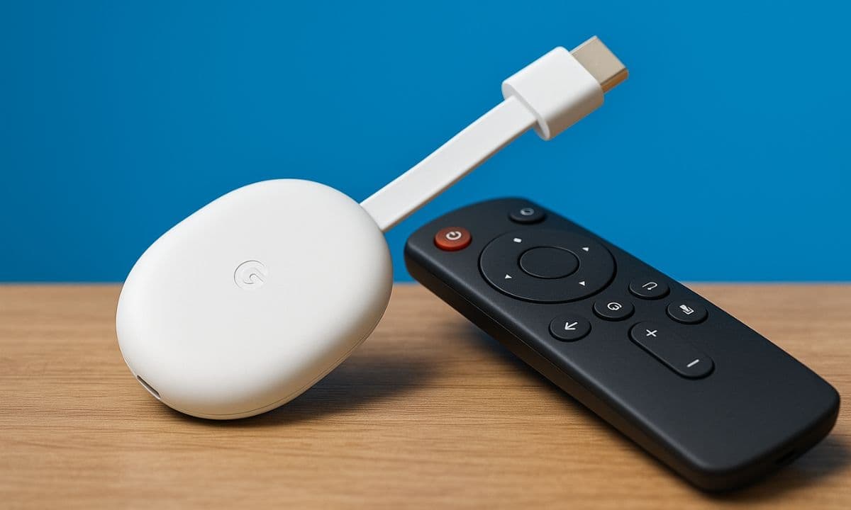 白色電視棒與遙控器在桌上,背景為藍色