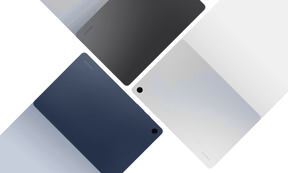 三星平板多色機身背面設計,展示黑色、銀色與藍色等多種時尚配色。