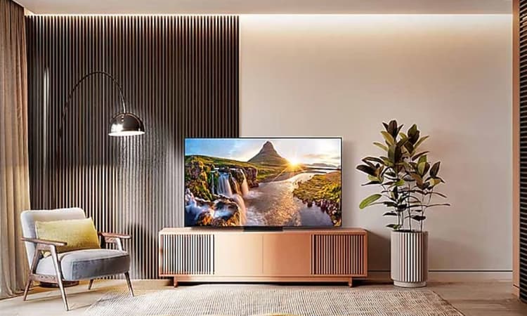 三星電視擺放於現代風格客廳中,搭配木質電視櫃與綠色植栽,展現極致畫質與居家美學設計