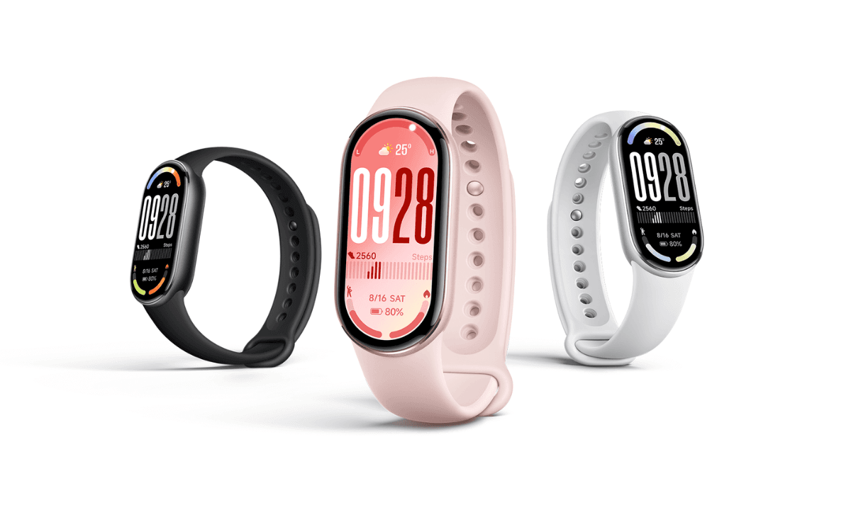 黑色、粉色、白色小米手環展示,智慧穿戴裝置外觀示意圖