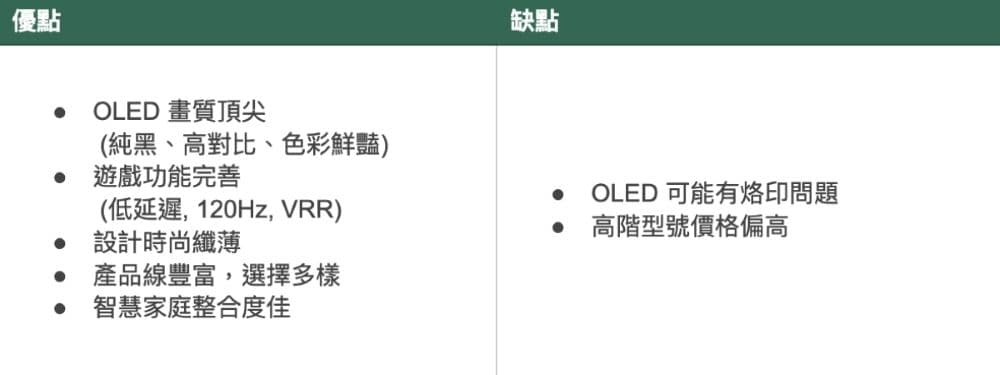 LG 電視優缺點比較表格